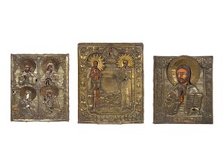 Three Russian Brass Oklad Mounted Icons