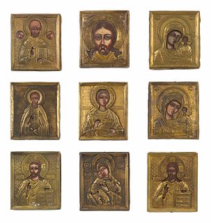Nine Russian Brass Oklad Mounted Miniature Icons of Saints