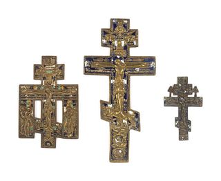 Three Russian Enamel Decorated Bronze Crosses