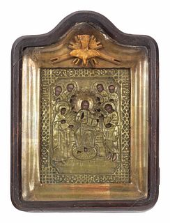 A Russian Pressed Brass Oklad Mounted Icon in Case