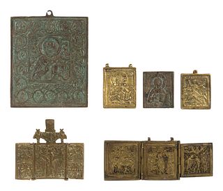 Six Russian Cast Bronze Miniature Icon Panels