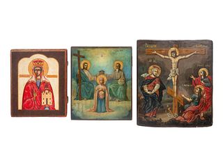 Three Russian Painted Wood Icon Panels