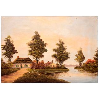 Cox. Vista de paisaje de cabañas con lago. Óleo sobre tela. Enmarcado en madera tallada. 68 x 98 cm