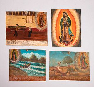 Lote de 4 exvotos. México. Siglo XX. Óleo sobre lámina de zinc. Sin enmarcar. Dedicados a la Virgen de Guadalupe.