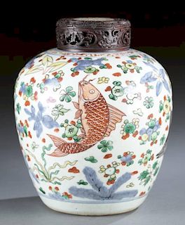 Doucai Chinese fish & floral ginger jar, 20th cen.