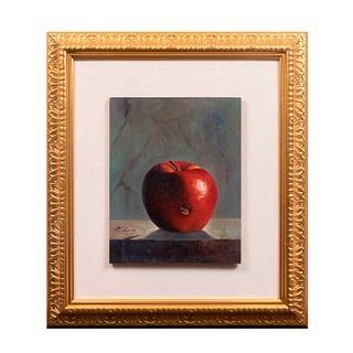MARTHA CHAPA. Manzana roja. Firmada y fechada 85. Óleo sobre tabla. Enmarcada. 24.5 x 19 cm