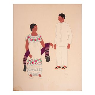 Carlos Mérida. "Mestizos del estado de Yucatán", de la carpeta Mexican Costume. 1941. Firmada en plancha. Serigrafía.
