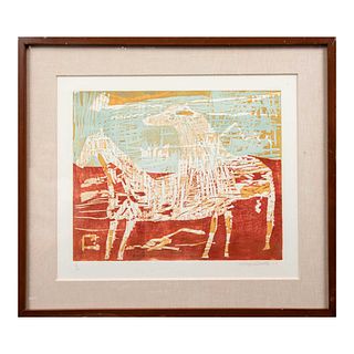 Miguel Castro Leñero. "Historia de caballos". Firmado a lápiz y fechado '89. Xilografía 6/25. Enmarcado. 56 x 76 cm.