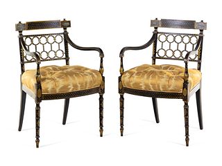 A Pair of Regency Style Gilt and Black Lacquered Armchairs