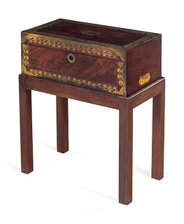 A Regency Brass Inlaid Mahogany Writing Box on a Later Stand