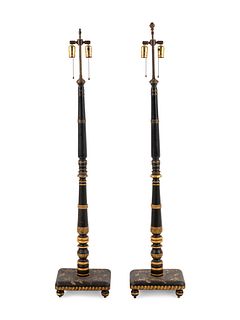 A Pair of Regency Style Parcel Gilt and Ebonized Floor Lamps