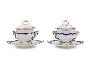 A Pair of Minton Painted and Parcel Gilt Porcelain Covered Sauce Tureens with Underplates