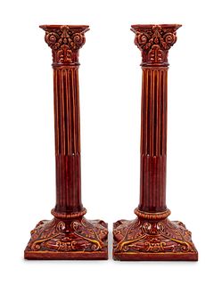 A Pair of English Bermantofts Red-Glazed FaÃ¯ence Column-Form Candlesticks