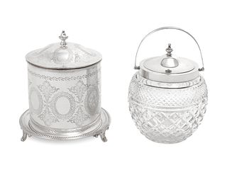 Two English Silvered Metal Mounted Biscuit Barrels