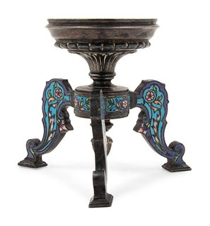A Continental Silvered Metal and Enamel Tripod Stand