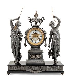 An Ansonia Fisher & Hunter Silvered-Metal Mantel Clock