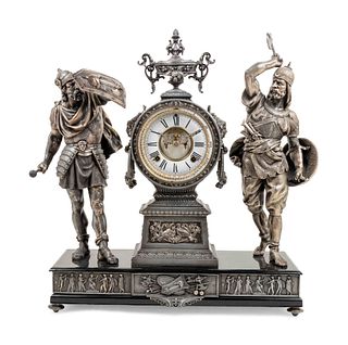 An Ansonia Combatants Patinated-Metal Mantel Clock