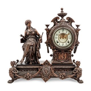 An Ansonia Prosperity Silvered-Metal Figural Mantel Clock  