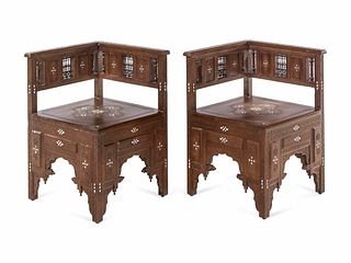 A Pair of Syrian Mother-of-Pearl Inlaid Walnut Corner Chairs