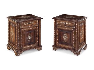 A Pair of Syrian Mother-of-Pearl Carved and Inlaid Walnut Night Stands