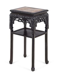 A Chinese Export Carved and Marble-Inset Rosewood Jardiniere Stand