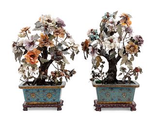 Two Chinese Hardstone Models of Flowering Trees in Cloisonne Bulb Dishes