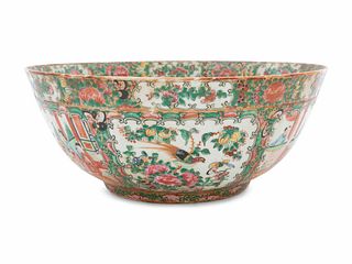 A Large Rose Medallion Porcelain Punch Bowl and an Associated Dish Cross