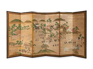 A Japanese Painted Paper Six-Panel Floor Screen