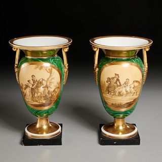 Pair Old Paris faux malachite urn vases