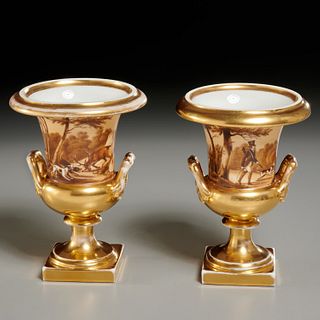Pair Old Paris porcelain urns, hunting scenes