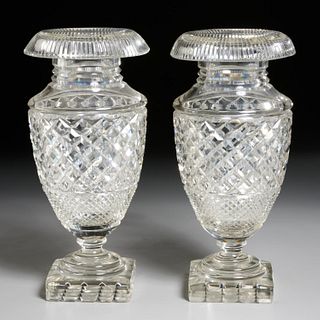 Pair Anglo-Irish Regency cut crystal urn vases
