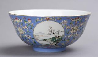 Chinese Qianlong famille rose blue bowl.