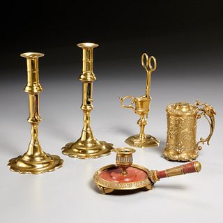 Antique brass candlesticks, snuffer, string holder