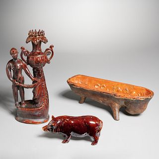 (3) unusual antique glazed earthenware objects