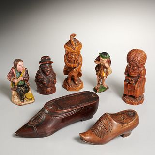 Continental & English carved figures, snuff boxes
