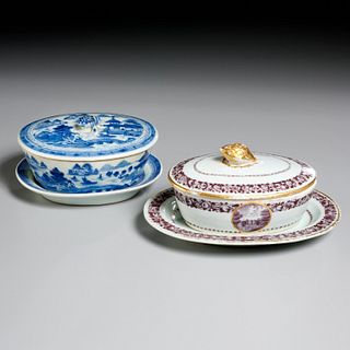 (2) Chinese Export lidded butter dishes and stands