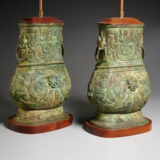 Pair Chinese Archaic style bronze urn lamps