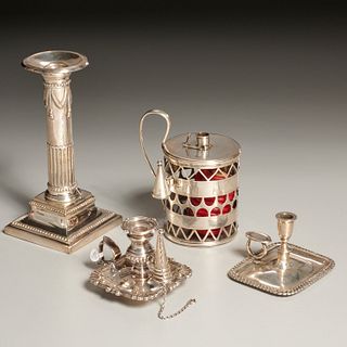 Silver bougie box, chamber sticks, and candlestick