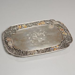 Nice antique enameled silver filigree tray