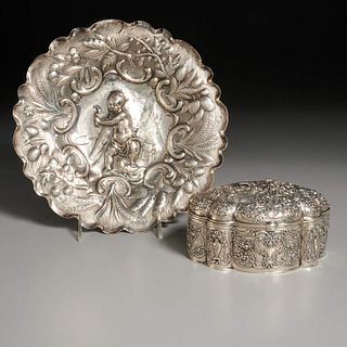 German repousse silver hinged box and putto dish