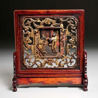 Chinese gilt openwork carved wood panel on stand