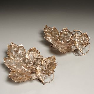 Pair Neresheimer .800 silver putto leaf dishes