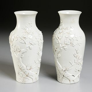 Fine pair Chinese blanc de chine relief vases
