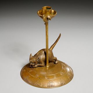 Japanese bronze cat and mouse candlestick