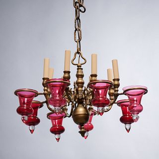 Dutch Baroque style brass, glass chandelier