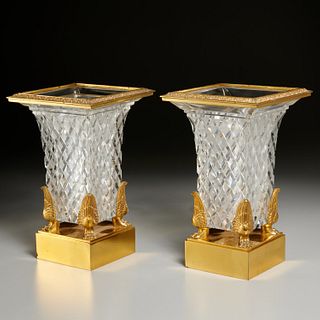 Pair Empire style dore bronze mounted glass urns