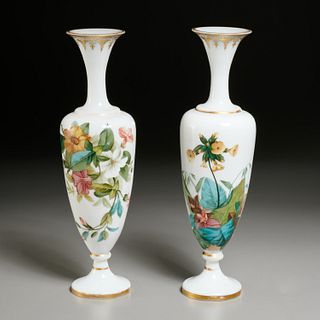 Pair French decorated opaline glass vases