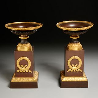 Pair Empire patinated and gilt bronze urns
