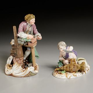 (2) Meissen figures, Tinsmith and elements