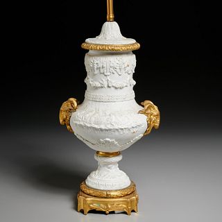Sevres style bronze mounted biscuit urn lamp